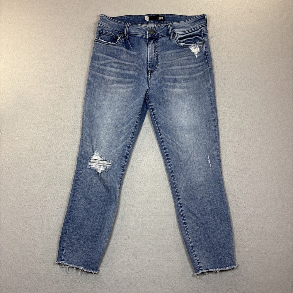 KUT From The Kloth Connie High Rise Ankle Skinny Distressed Raw Hem Blue Jeans 8